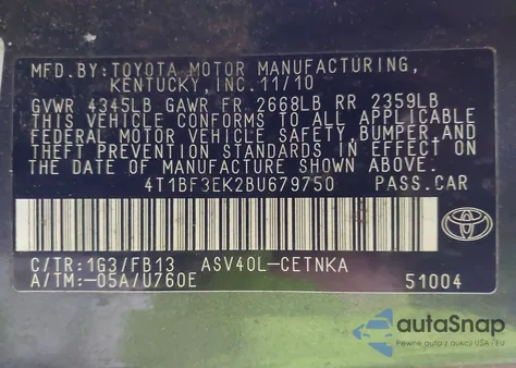 2011 Toyota Camry Le from USA, damaged, VIN 4T1BF3EK2BU679750